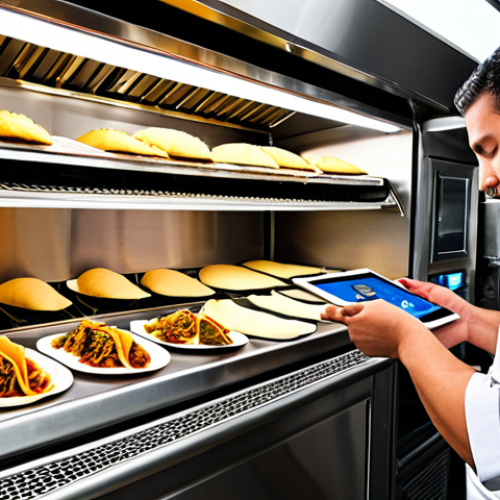 Home 11 **Prompt 1: Technology-Driven Mobile Culinary Excellence**
A professional chef meticulously preparing vibrant, delicious street food (like tacos or empanadas) inside a sleek, modern food truck. The scene emphasizes advanced food safety technology: a clear view of a digital IoT sensor monitoring refrigerator temperature and a ruggedized tablet displaying real-time hygiene protocols. The atmosphere is bustling yet incredibly organized and clean, highlighting the blend of culinary artistry with cutting-edge efficiency and consumer trust in a dynamic mobile kitchen setting. Bright, fresh ingredients are prominent on pristine surfaces. High detail, vibrant colors, realistic lighting.