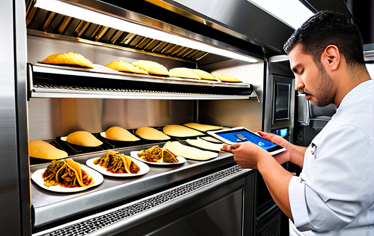 **Prompt 1: Technology-Driven Mobile Culinary Excellence**
    A professional chef meticulously preparing vibrant, delicious street food (like tacos or empanadas) inside a sleek, modern food truck. The scene emphasizes advanced food safety technology: a clear view of a digital IoT sensor monitoring refrigerator temperature and a ruggedized tablet displaying real-time hygiene protocols. The atmosphere is bustling yet incredibly organized and clean, highlighting the blend of culinary artistry with cutting-edge efficiency and consumer trust in a dynamic mobile kitchen setting. Bright, fresh ingredients are prominent on pristine surfaces. High detail, vibrant colors, realistic lighting.