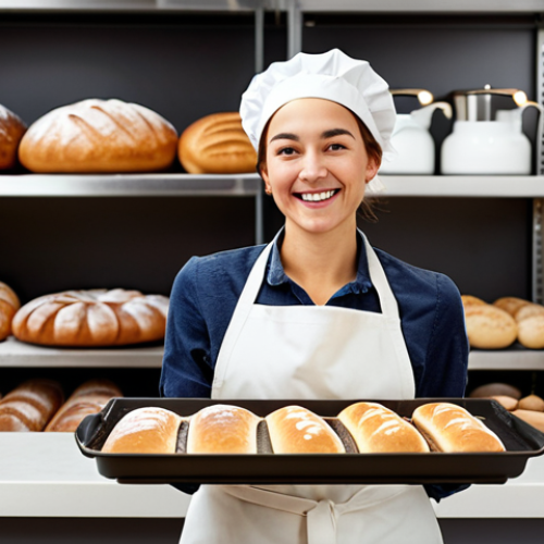 Home 6 **
"A friendly female baker in a clean, modern bakery, fully clothed in a professional apron and baker's hat, smiling while holding a tray of freshly baked bread. Background includes shelves of baking ingredients and equipment. Perfect anatomy, correct proportions, natural pose, warm lighting, high resolution, safe for work, appropriate content, family-friendly."
**