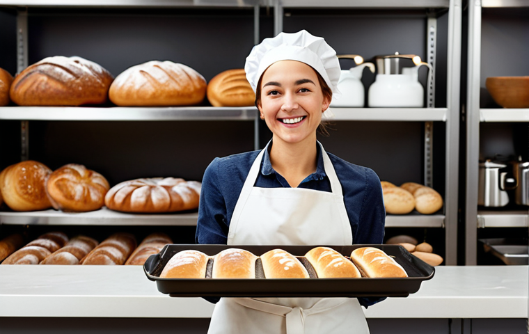 **

"A friendly female baker in a clean, modern bakery, fully clothed in a professional apron and baker's hat, smiling while holding a tray of freshly baked bread. Background includes shelves of baking ingredients and equipment. Perfect anatomy, correct proportions, natural pose, warm lighting, high resolution, safe for work, appropriate content, family-friendly."

**