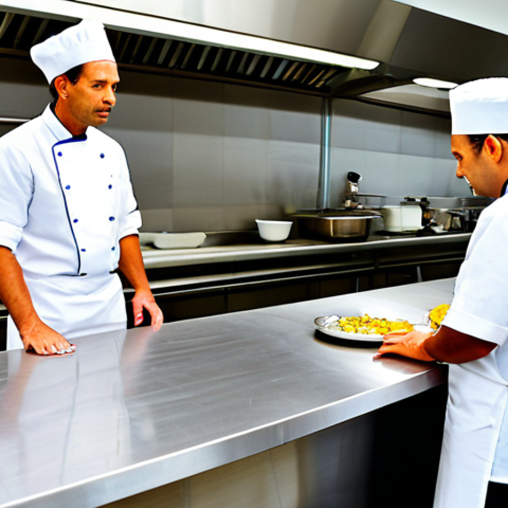 식품위생 위반 사례 연구 - Kitchen Inspection**

"A bright, modern restaurant kitchen during a health inspection. A food safety...