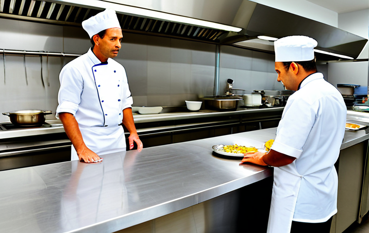 식품위생 위반 사례 연구 - Kitchen Inspection**

"A bright, modern restaurant kitchen during a health inspection. A food safety...