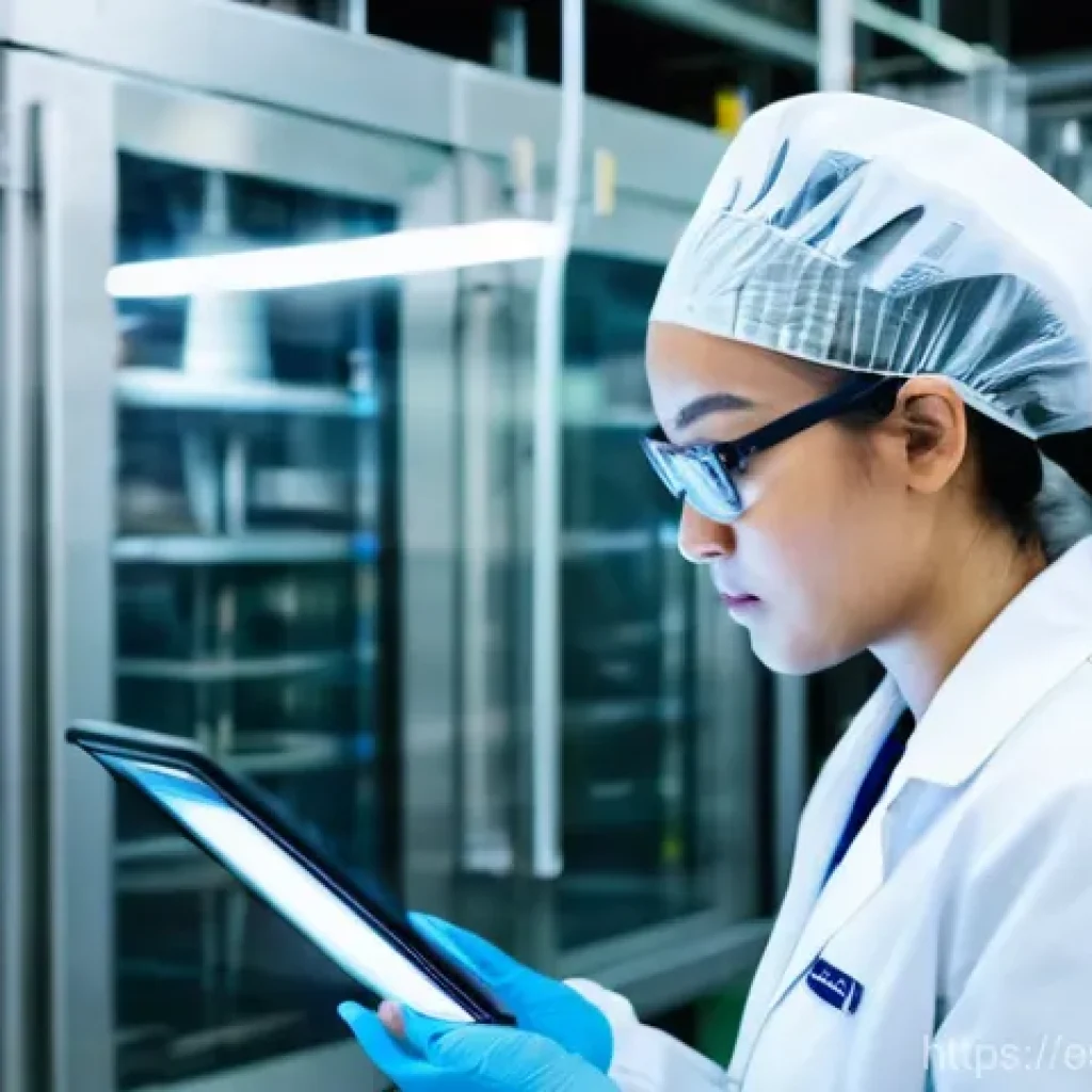 식품위생관리사 경력 개발 플랜 - **Prompt:** "A highly focused female food safety expert in her late 30s, dressed in a pristine white...