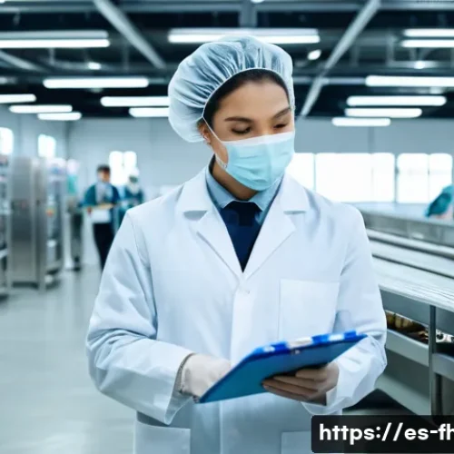 식품위생관리사 자격증의 국제적 인정 - A professional food safety specialist wearing a clean white lab coat and protective hairnet, holding...