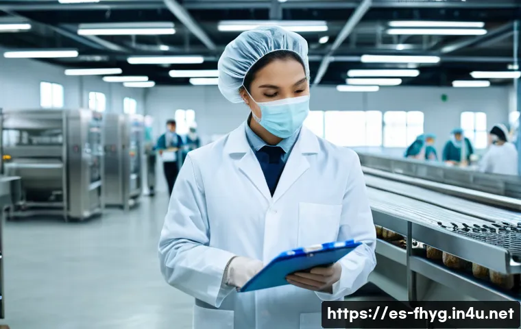식품위생관리사 자격증의 국제적 인정 - A professional food safety specialist wearing a clean white lab coat and protective hairnet, holding...