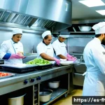 식품위생관리사 자격증을 활용한 창업 - A professional kitchen scene in a small Spanish restaurant, featuring a diverse team of chefs and ki...