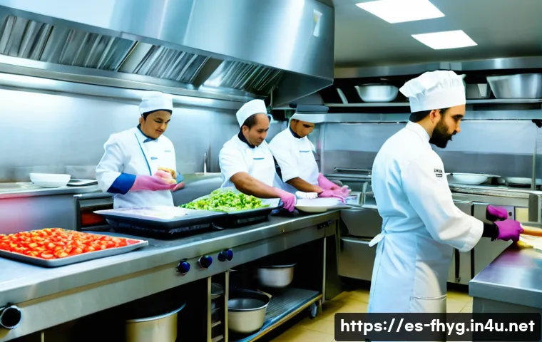 식품위생관리사 자격증을 활용한 창업 - A professional kitchen scene in a small Spanish restaurant, featuring a diverse team of chefs and ki...