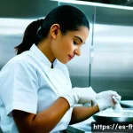 식품위생 실습 시험에서 고득점하는 방법 - A professional kitchen exam setting focused on food hygiene practice: a confident young Hispanic wom...