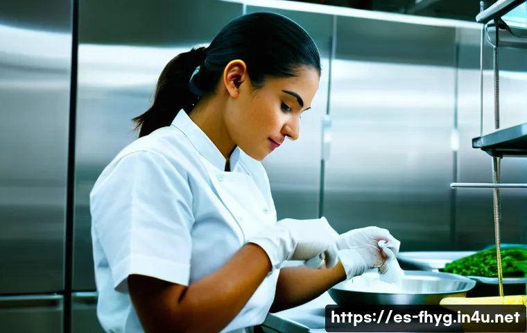식품위생 실습 시험에서 고득점하는 방법 - A professional kitchen exam setting focused on food hygiene practice: a confident young Hispanic wom...