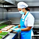 식품위생관리사 실기 대비 꿀팁 - A professional food safety inspector in a modern commercial kitchen, wearing clean gloves, a face ma...