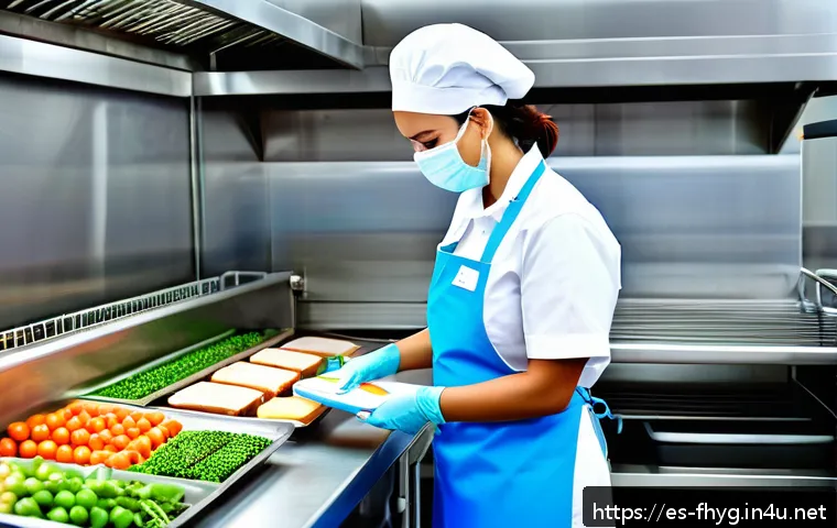 식품위생관리사 실기 대비 꿀팁 - A professional food safety inspector in a modern commercial kitchen, wearing clean gloves, a face ma...